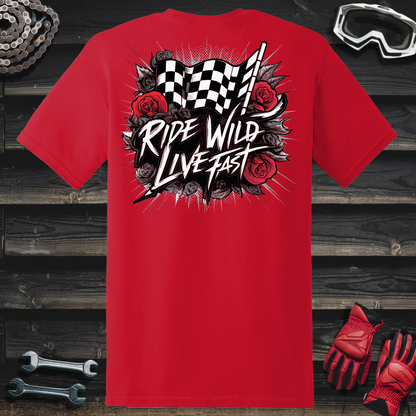 Ride Wild Live Fast Checkered Flag & Roses T-Shirt