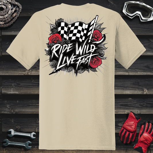 Ride Wild Live Fast Checkered Flag & Roses T-Shirt