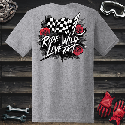 Ride Wild Live Fast Checkered Flag & Roses T-Shirt