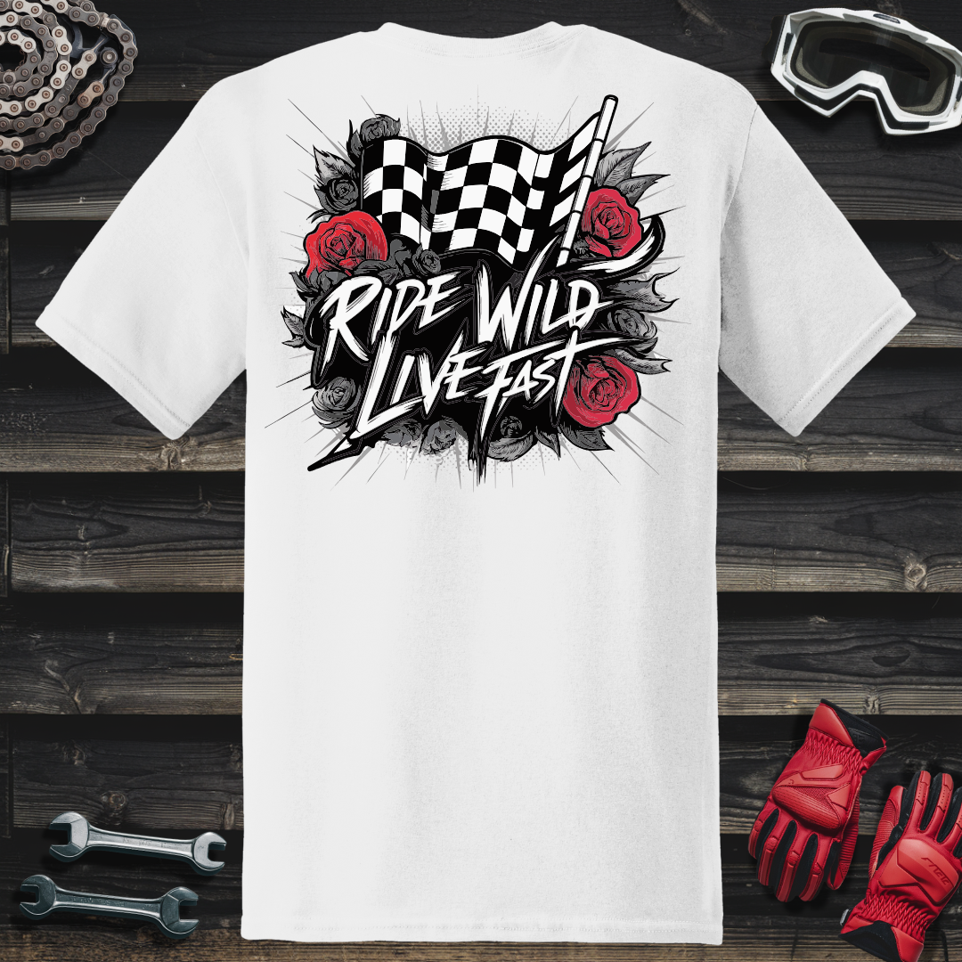 Ride Wild Live Fast Checkered Flag & Roses T-Shirt