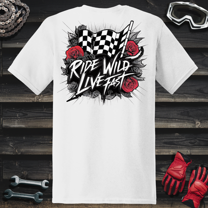 Ride Wild Live Fast Checkered Flag & Roses T-Shirt